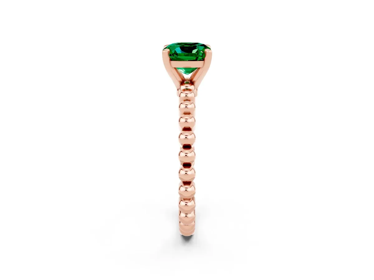 Cushion Cut Emerald Solitaire Ring with Beaded Band and Prong Setting Rose gold