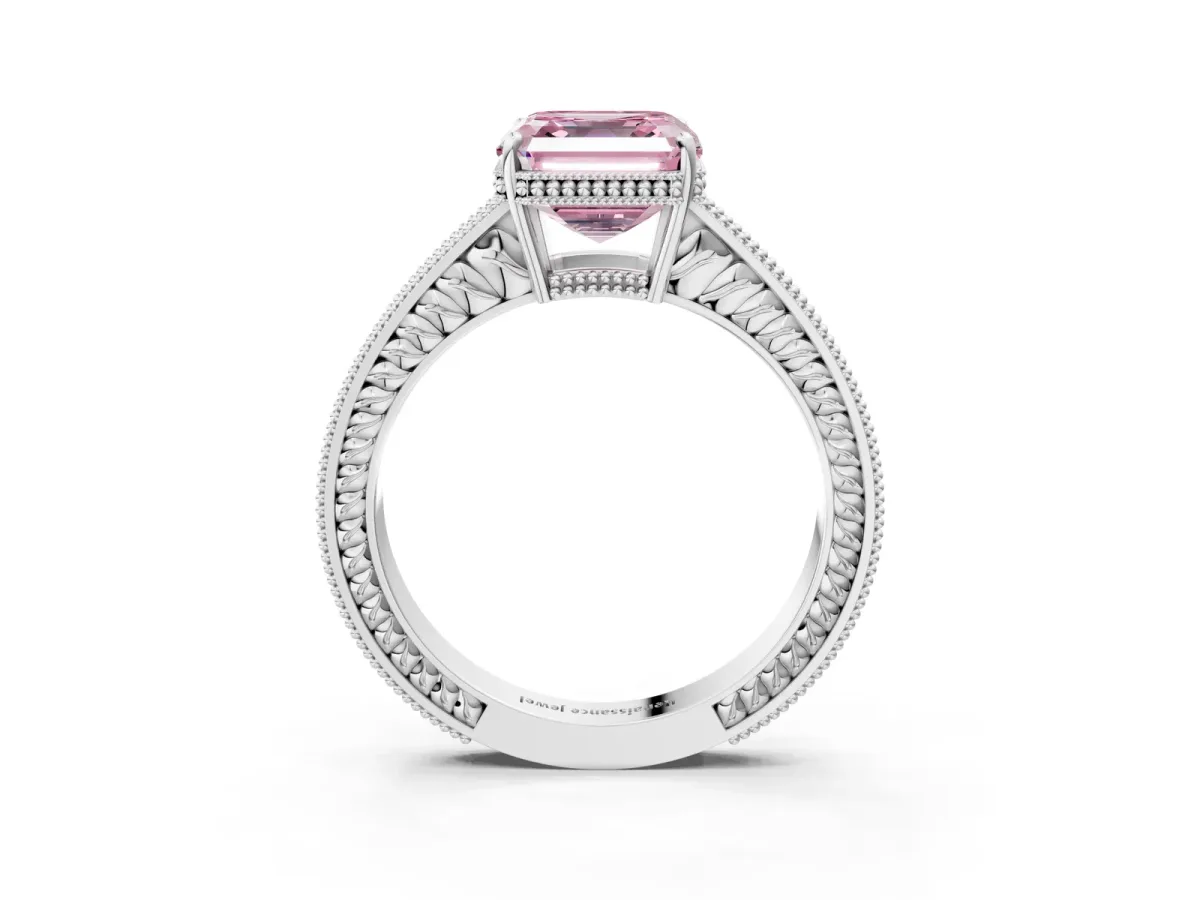 Fancy Pink Asscher Cut Cut Diamond Milgrain Pave Band Four-Prong Setting Ring Platinum