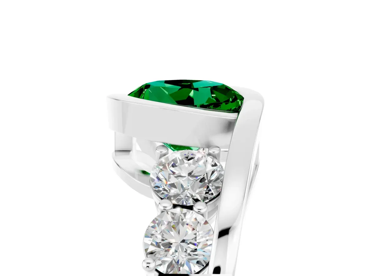 Bezel Set Round Cut Emerald Bypass Ring with Round Accents Silver