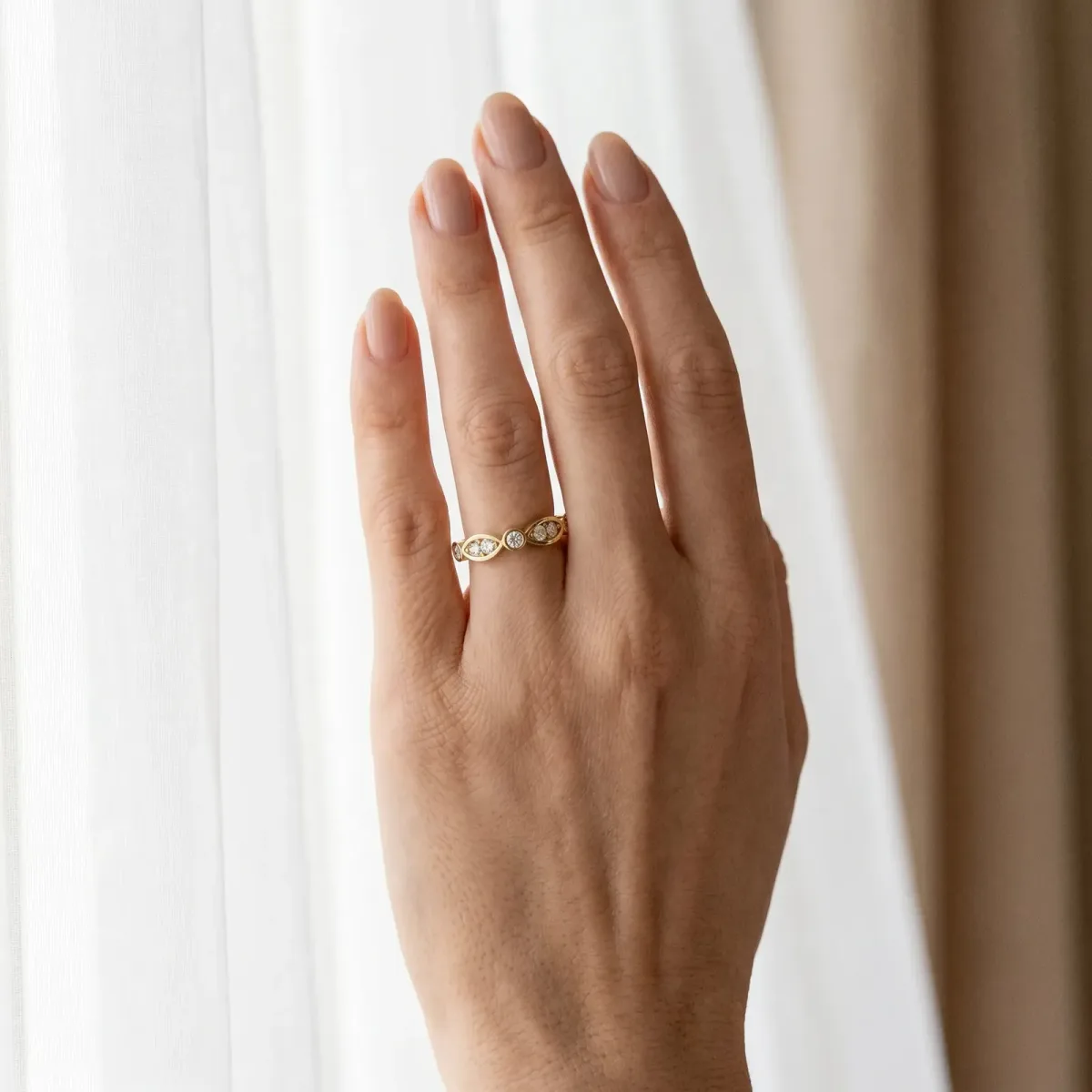 Bezel Set Round Diamond Marquise Band Yellow gold