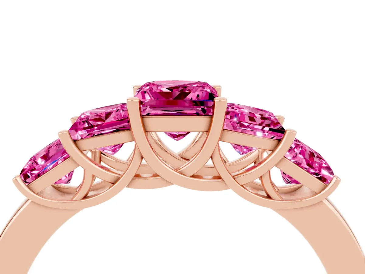 Princess Cut Five-Stone Pink Sapphire Ring with Classic Prong Setting Rose gold