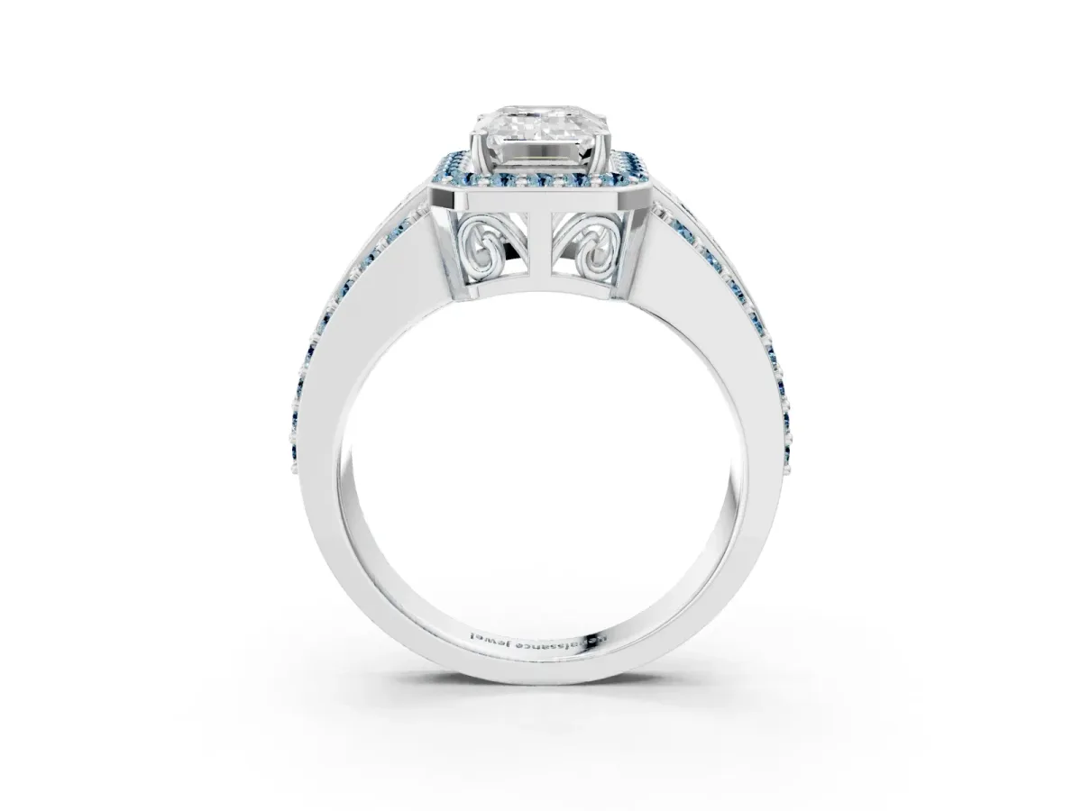 Emerald Cut Halo Diamond Ring with Round Aquamarine Split Shank and Prong Setting Silver