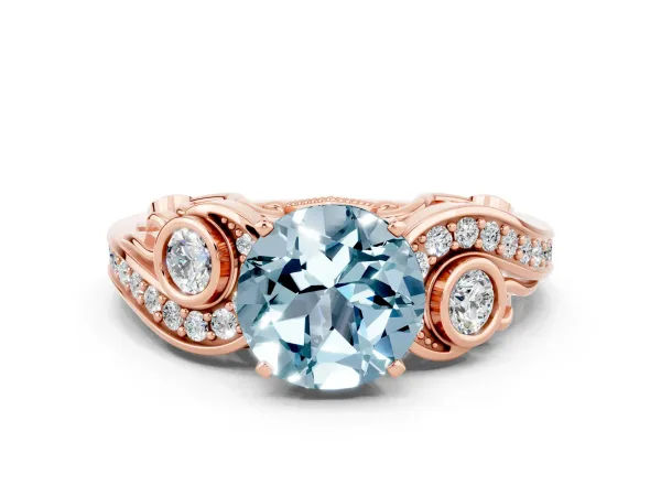 Round Cut Aquamarine Solitaire Ring with Milgrain Pavé Band and Four-Prong Setting Rose gold