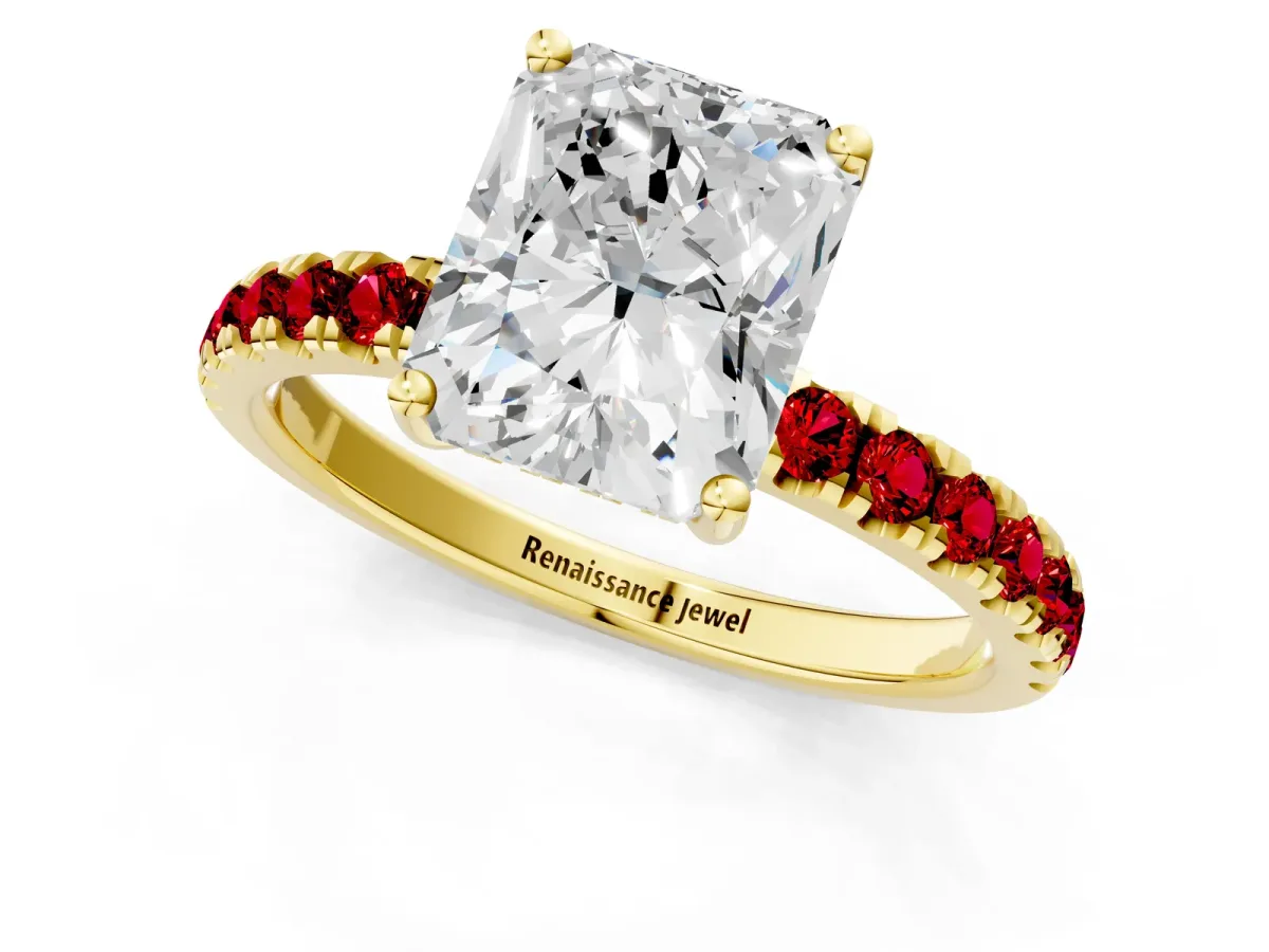 Radiant Cut Diamond Pave Band Solitaire Ring with Round Ruby and Prong Setting Yellow gold