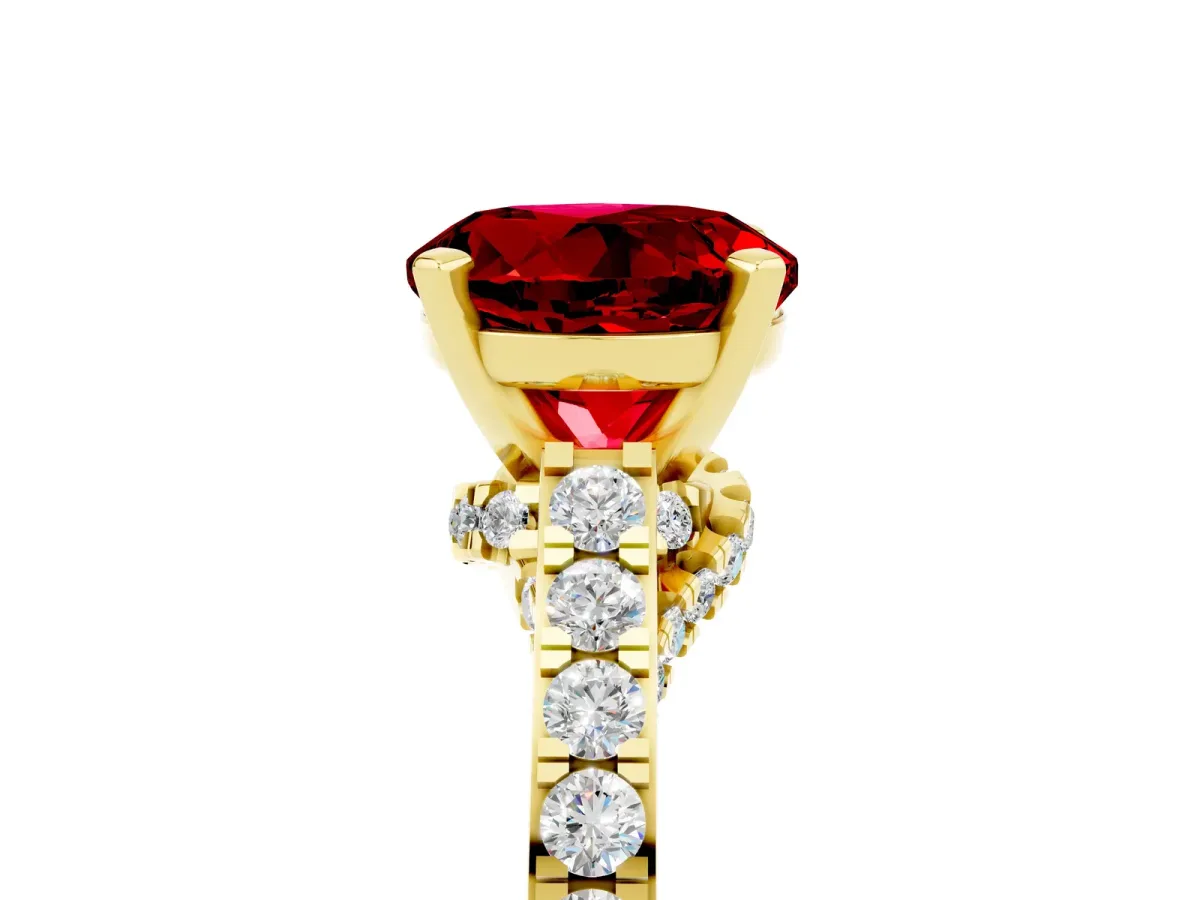 Round Cut Ruby Solitaire Ring with Crossover Gallery and Round Pavé Band Yellow gold
