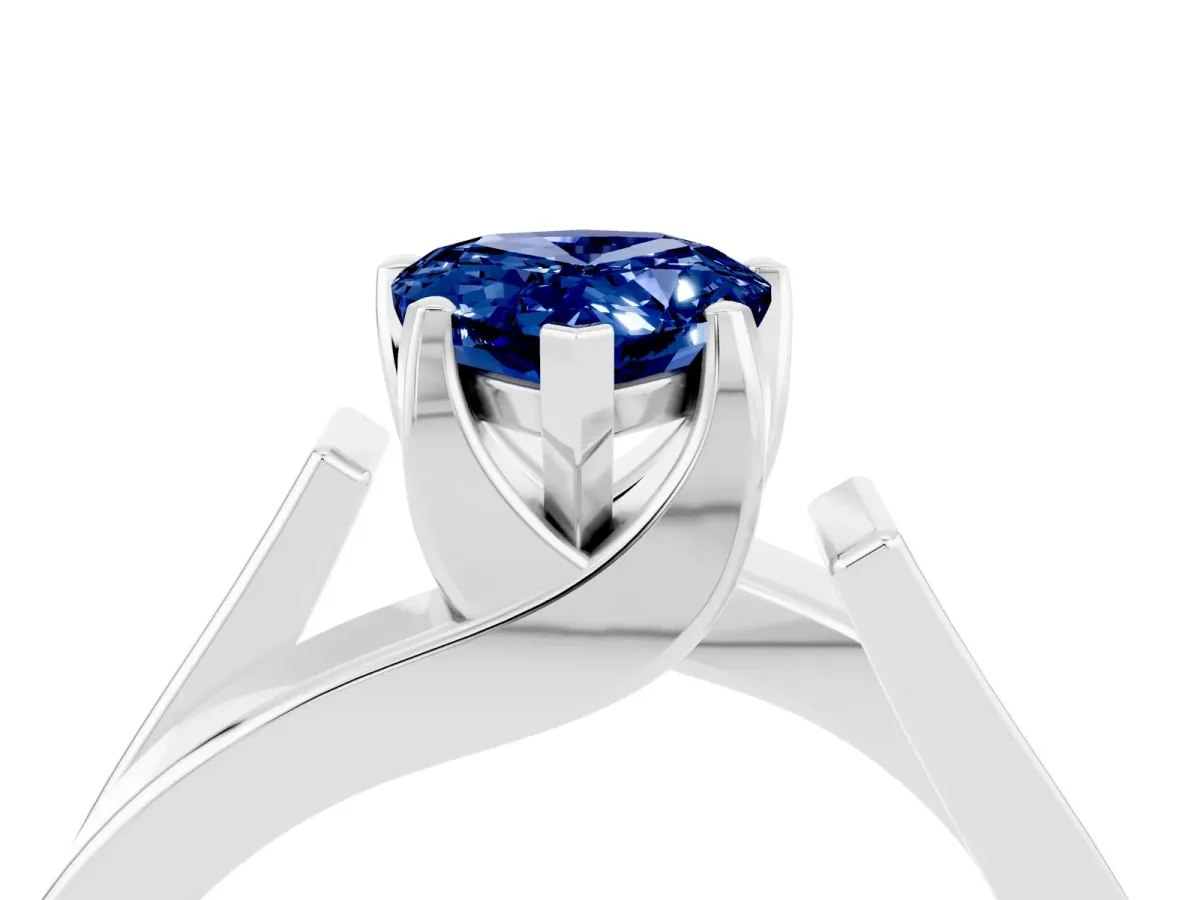 Modern Tension Set Pear Cut Blue Sapphire Solitaire Wide Band Ring Silver