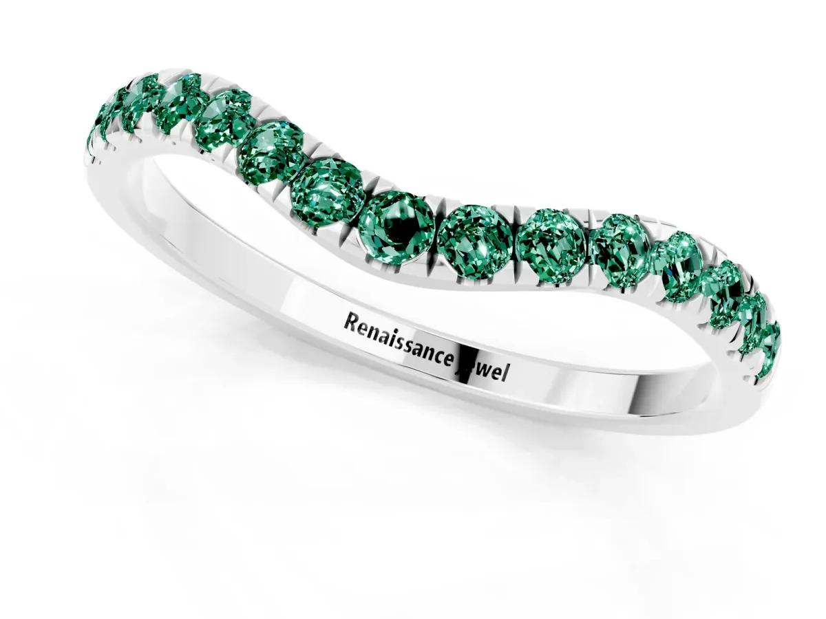 Curved Pavé Round Green Sapphire Wedding Band with Shared Prong Setting Silver