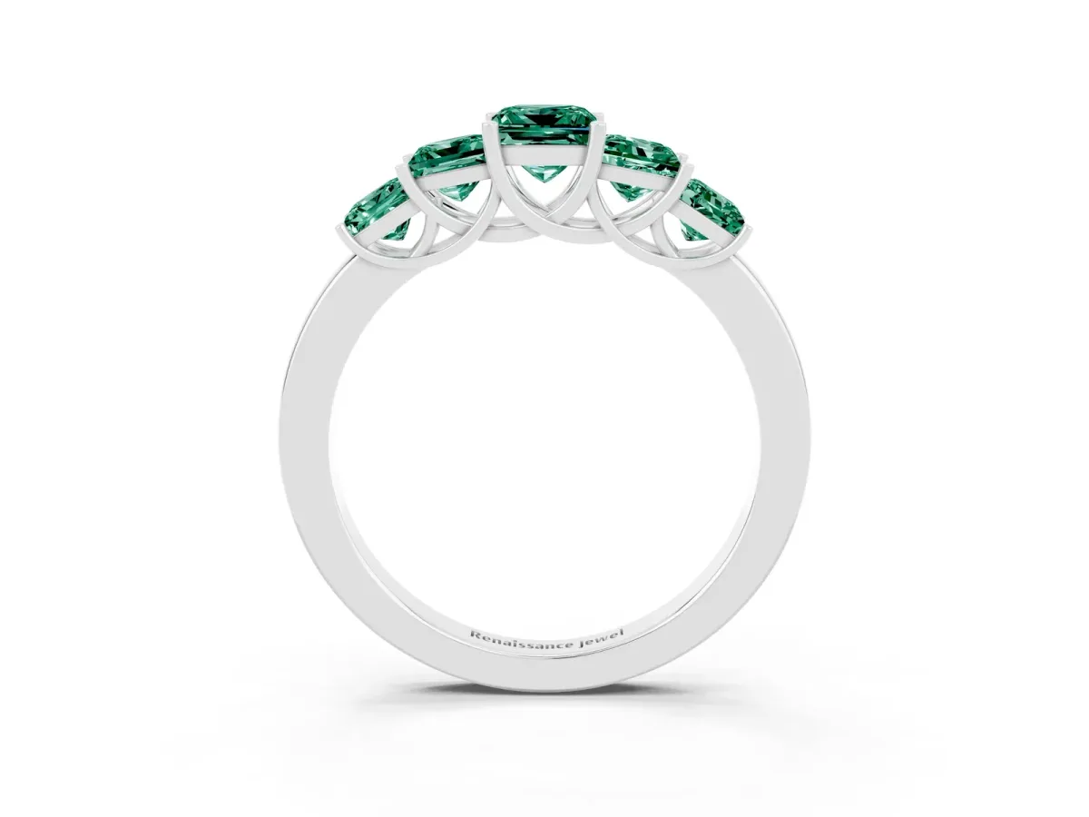 Princess Cut Five-Stone Green Sapphire Ring with Classic Prong Setting Platinum