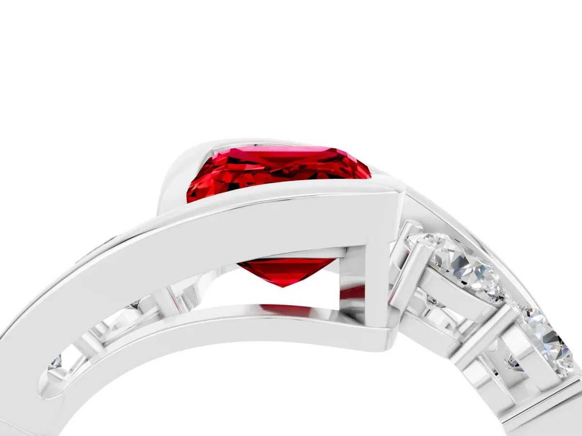 Bezel Set Emerald Cut Ruby Bypass Ring with Round Accents Silver
