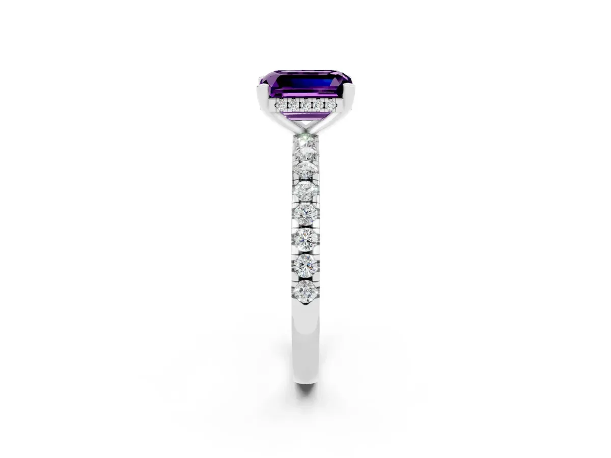 Emerald Cut Amethyst Solitaire Ring with Round Pavé Band and Four-Prong Setting Silver