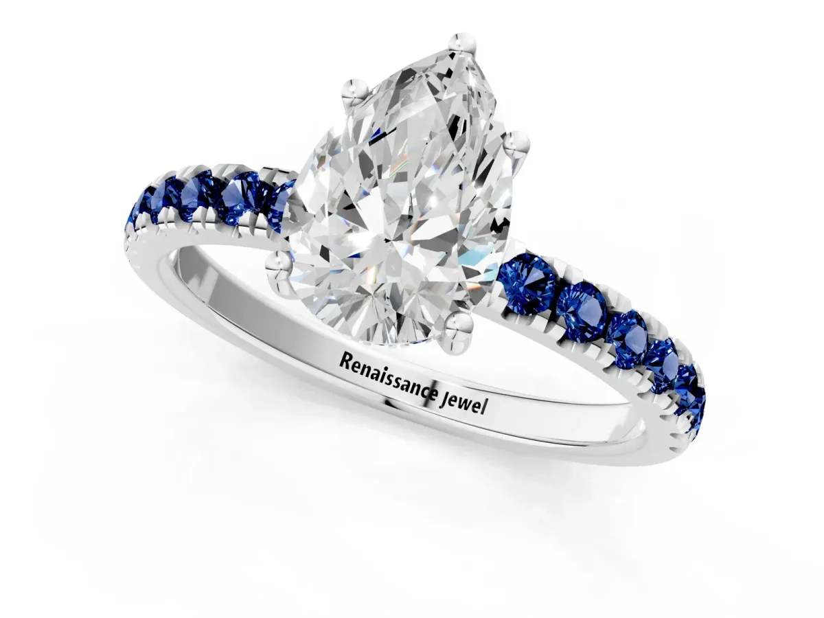 Pear Cut Diamond Pave Band Solitaire Ring with Round Blue Sapphire and Prong Setting Silver