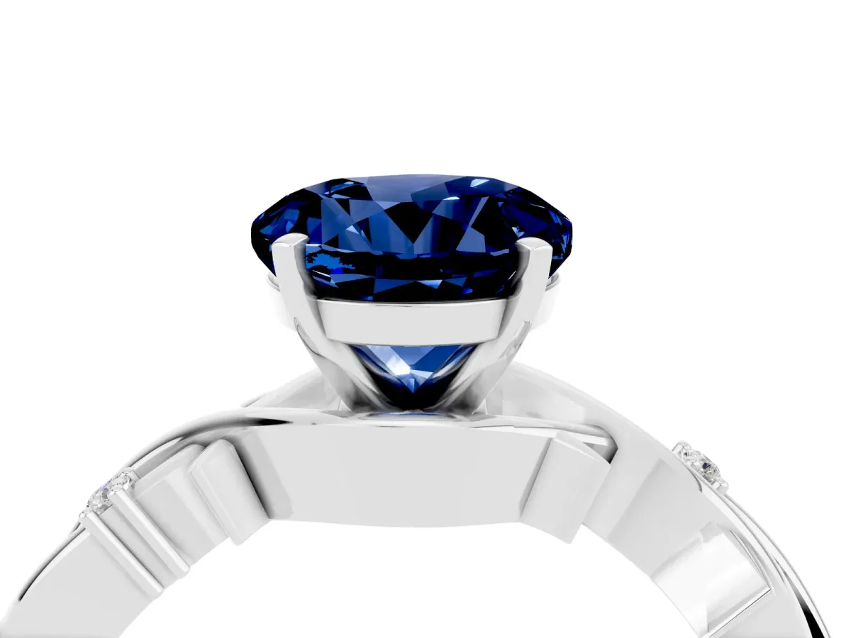 Round Cut Blue Sapphire Solitaire Ring with Twisted Band and Prong Setting Silver