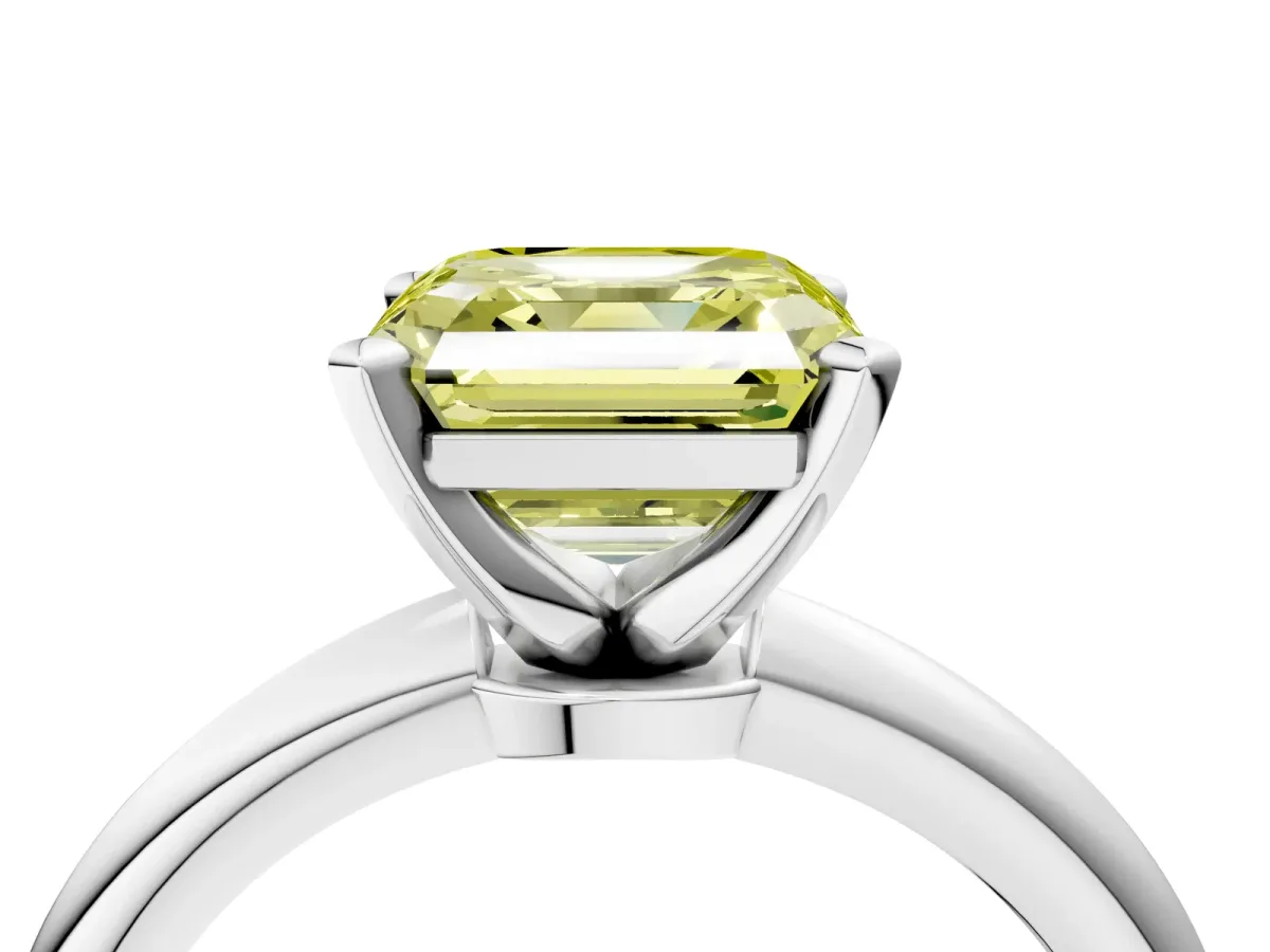 Fancy Yellow Asscher Cut Diamond Solitaire Ring with Six-Prong Setting and Classic Band Silver