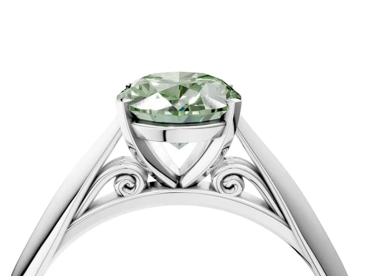 Fancy Green Oval Cut Diamond Solitaire Engagement Ring with Cathedral Setting and Four-Prong Mount Silver