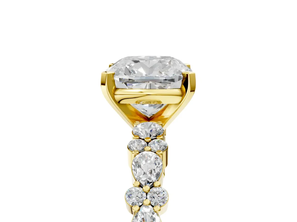 Cushion Cut Diamond Side Stone Solitaire Ring with Round and Four-Prong Setting Yellow gold