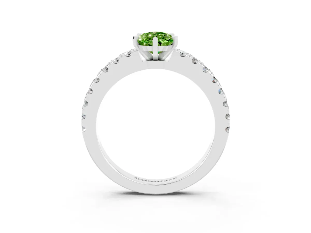 Pear Cut Solitaire Peridot with Pavé Band and Four-Prong Setting Platinum