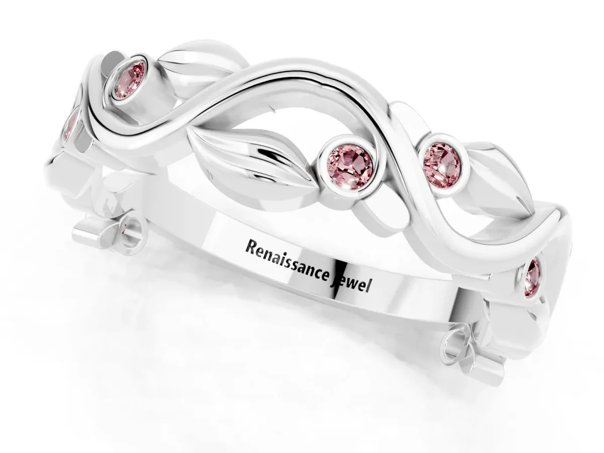 Round Morganite Leaf Eternity Band with Bezel Setting White gold