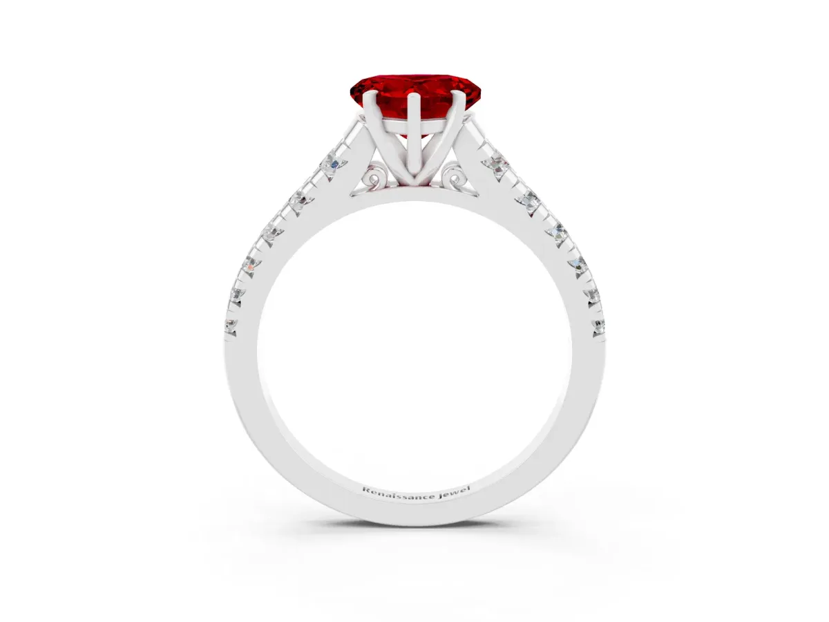 Heart Cut Ruby Cathedral Solitaire Ring with Round Pavé Band Silver