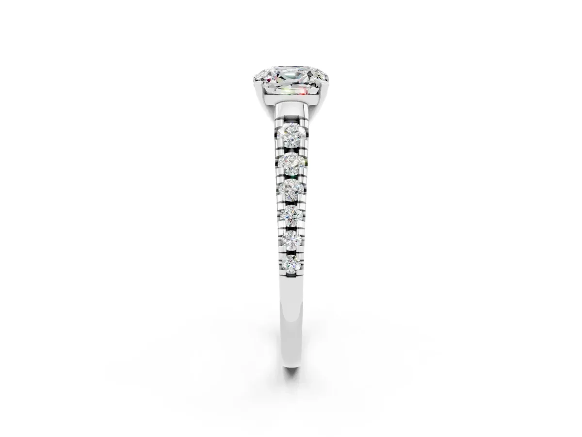 Cushion Cut Moissanite Cathedral Solitaire Ring with Round Pavé Band Silver