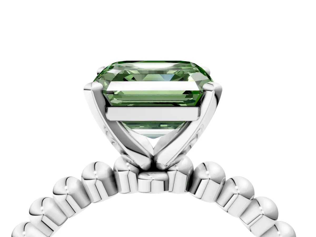 Fancy Green Asscher Cut Diamond Solitaire Ring with Beaded Band and Prong Setting Silver
