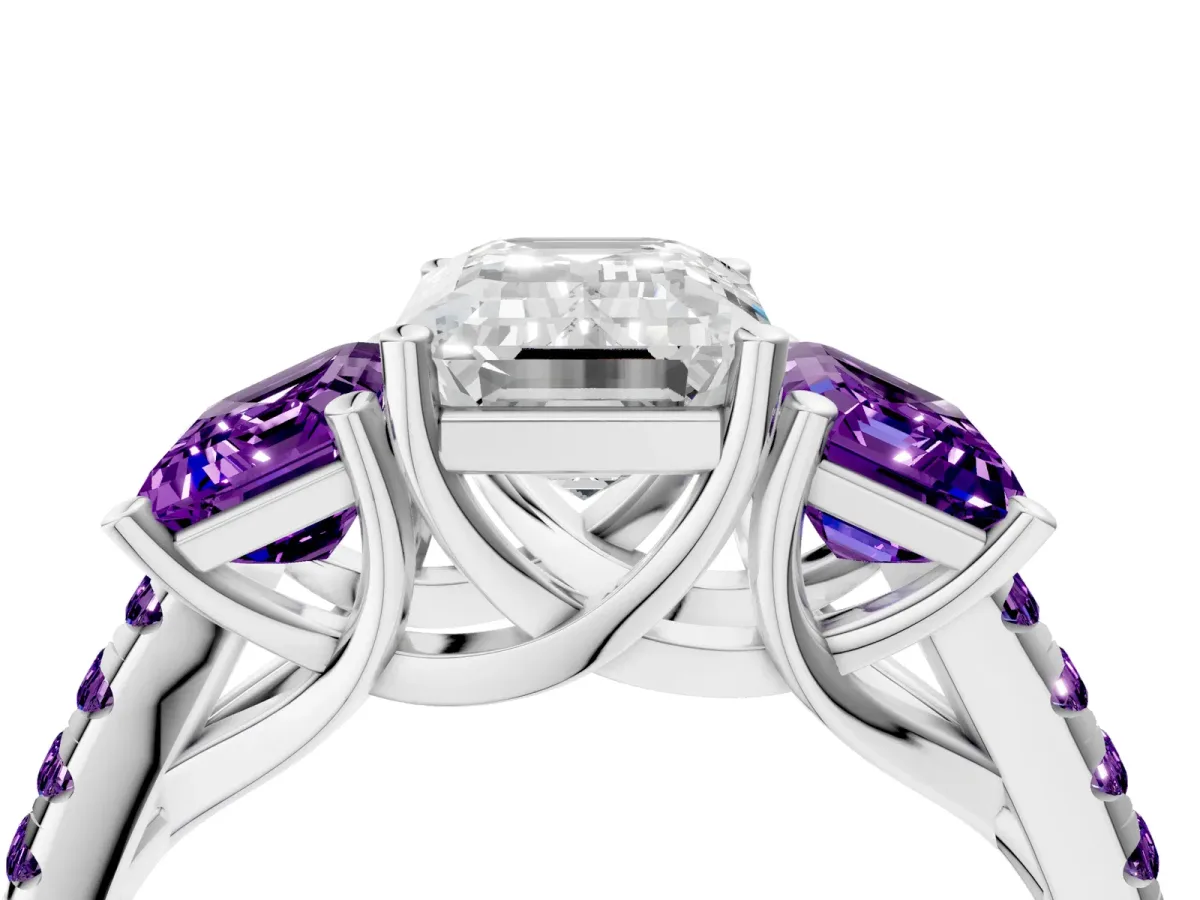 Three-Stone Emerald Cut Diamond Ring with Round Amethyst Pavé Band and Prong Setting Platinum