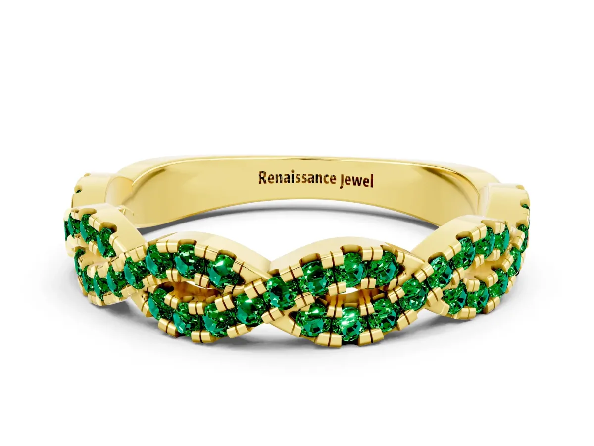 Round Emerald Twisted Eternity Band with Pavé and Shared Prong Setting Yellow gold