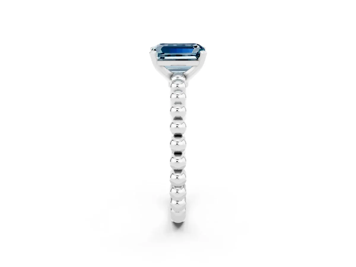 Emerald Cut Aquamarine Solitaire Ring with Beaded Band and Prong Setting Silver
