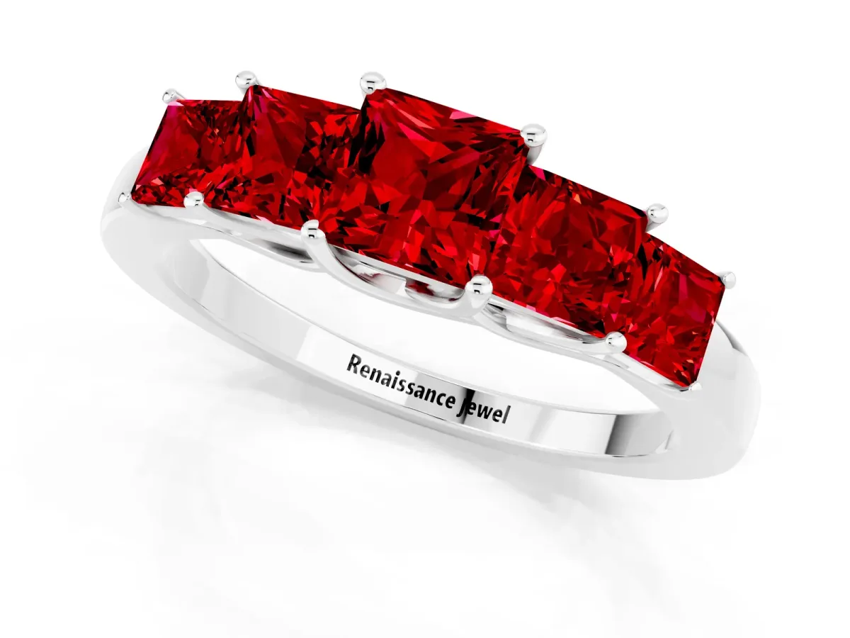 Princess Cut Five-Stone Ruby Ring with Classic Prong Setting Platinum
