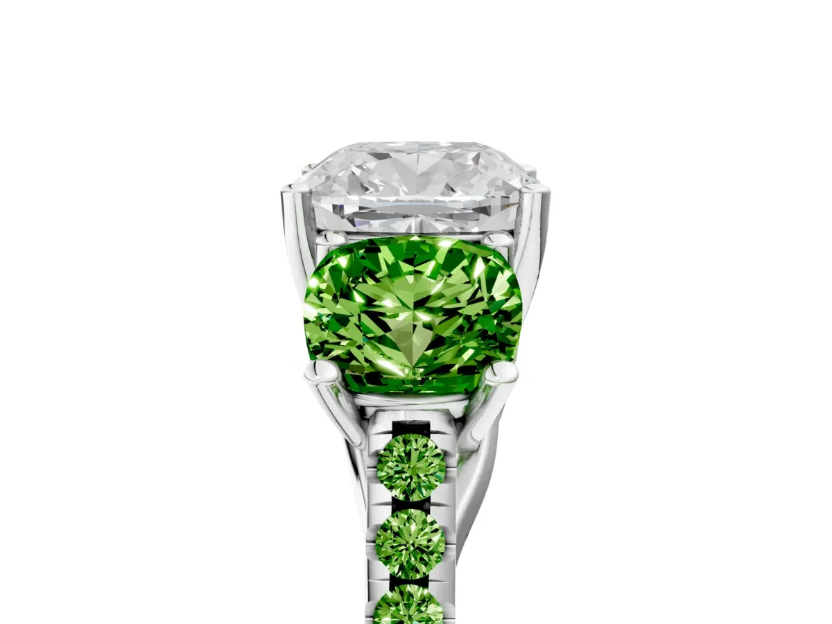 Three-Stone Cushion Cut Diamond Ring with Round Peridot Pavé Band and Prong Setting Silver