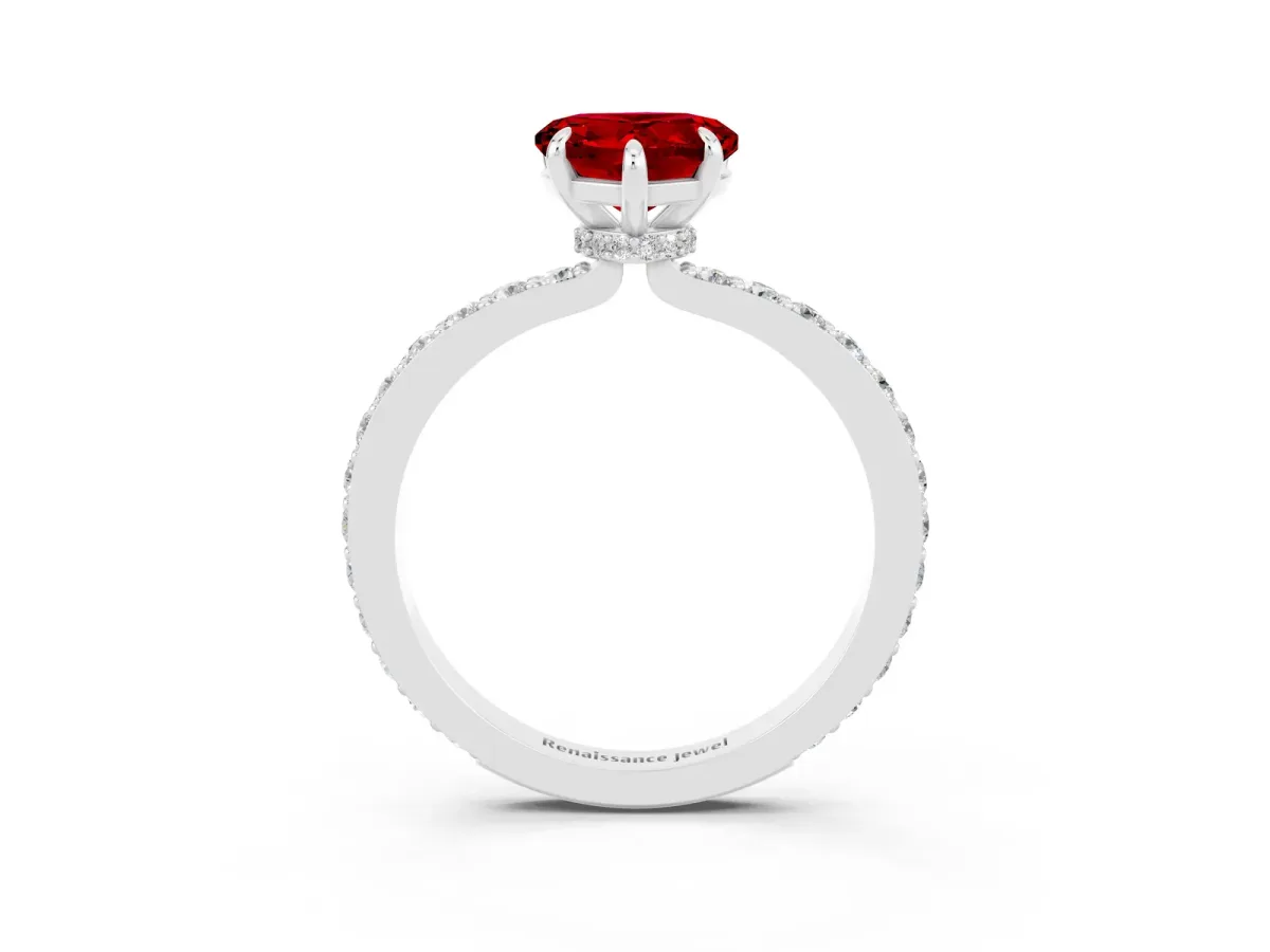Heart Cut Ruby Solitaire Engagement Ring with Pavé Band and Four-Prong Setting Platinum