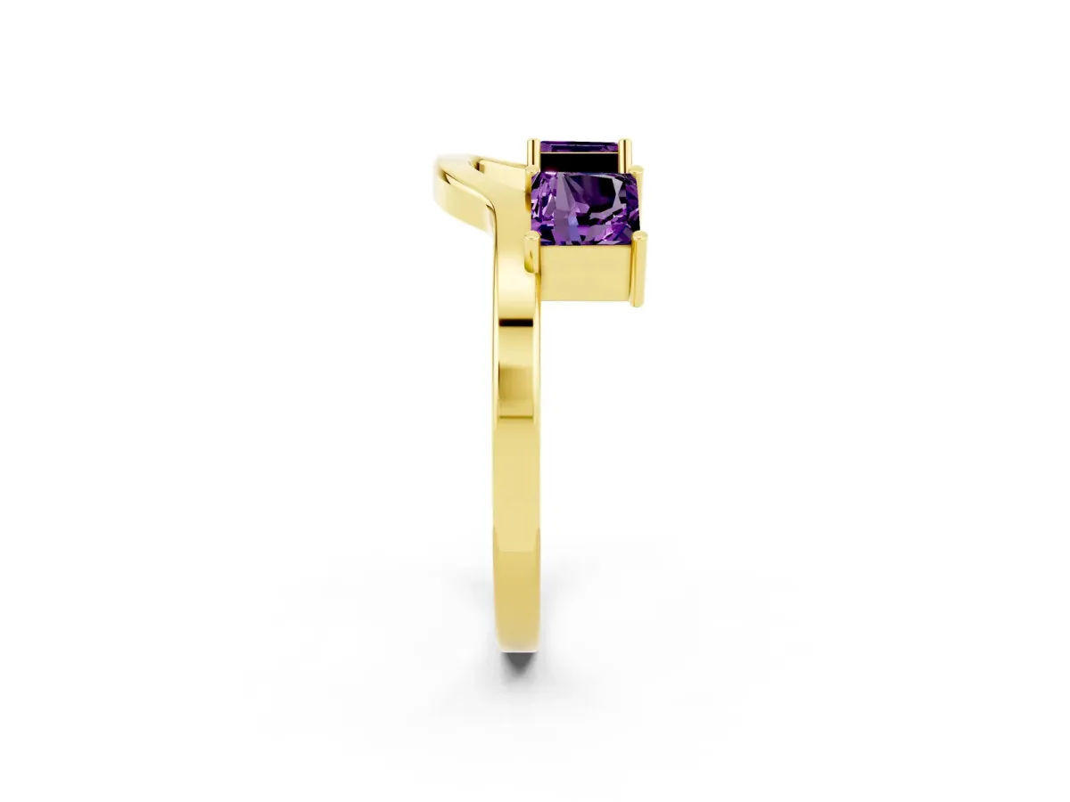 Princess Cut Amethyst Two-Stone Open Band Ring with Four-Prong Setting Yellow gold
