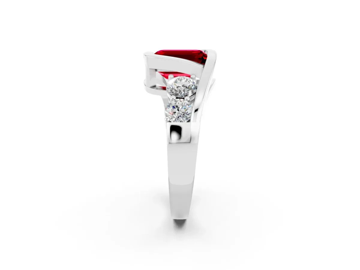 Bezel Set Emerald Cut Ruby Bypass Ring with Round Accents Silver