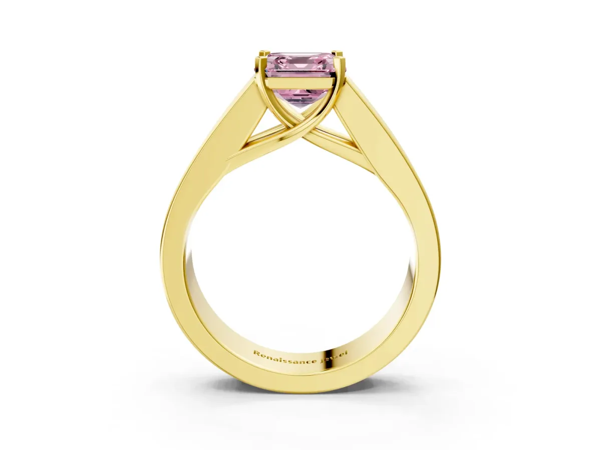 Fancy Pink Asscher Cut Cut Channel Set Solitaire Ring with Four-Prong Setting Yellow gold