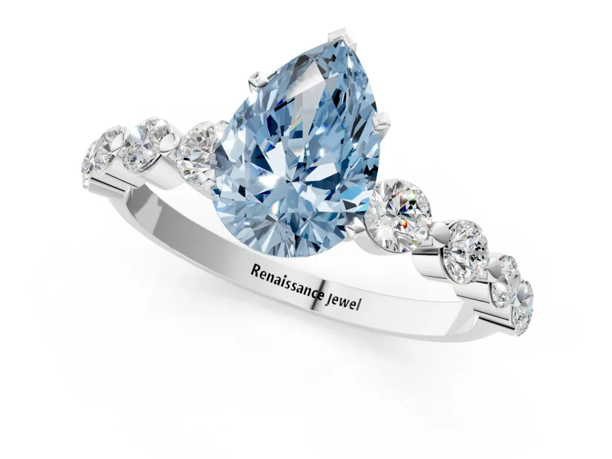 Fancy Blue Pear Cut Solitaire Diamond Ring with Pave Band and Four-Prong Setting Silver