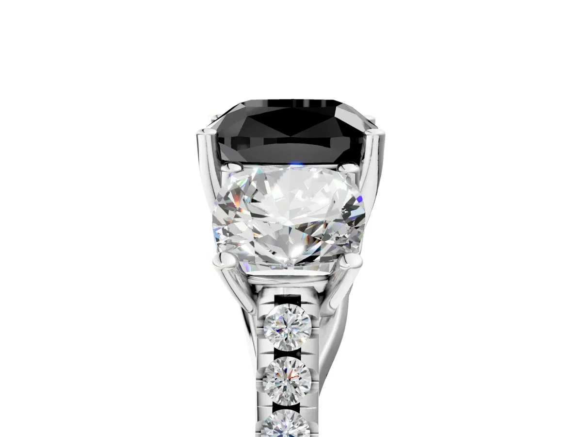 Fancy Black Three-Stone Cushion Cut Diamond Ring with Round Pavé Band and Prong Setting Silver
