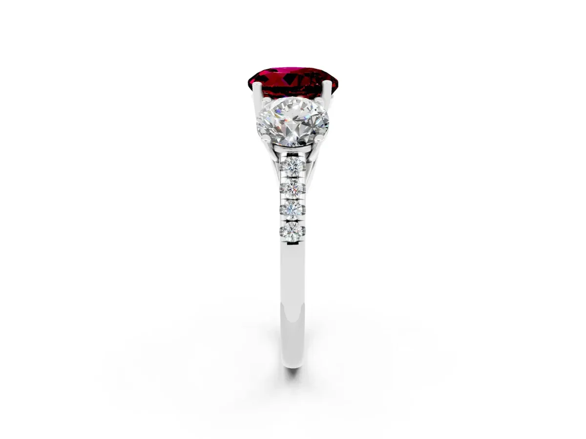 Three-Stone Round Cut Garnet Ring with Round Pavé Band and Prong Setting Silver