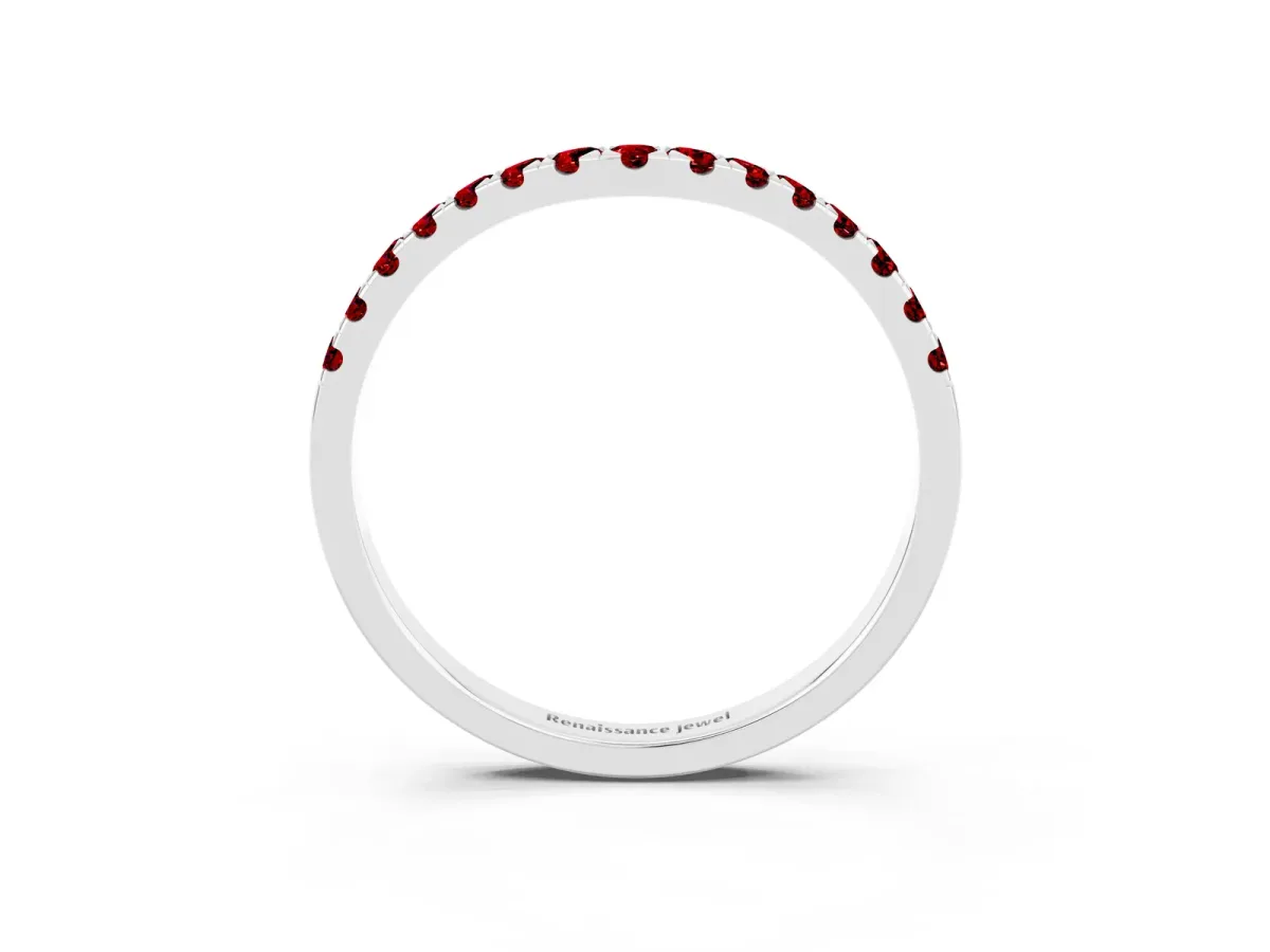 Curved Pavé Round Ruby Wedding Band with Shared Prong Setting Platinum