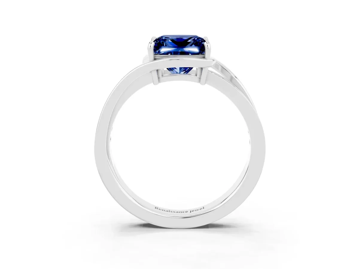 Princess Cut Blue Sapphire Solitaire Ring with Split Shank and Prong Setting Platinum