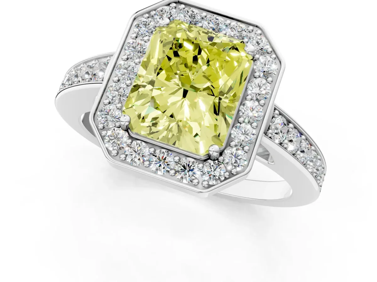 Fancy Yellow Radiant Cut Halo Pavé Diamond Engagement Ring with Bezel Setting Silver