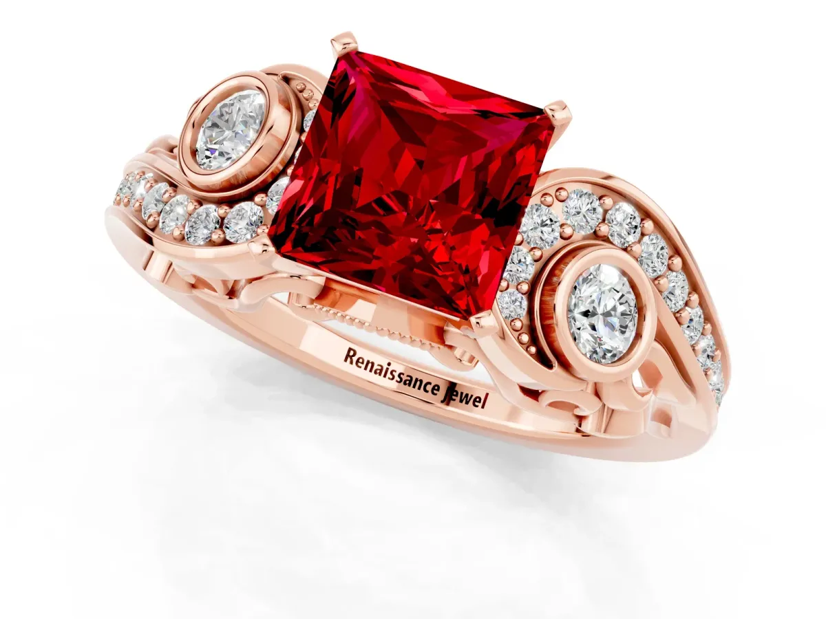 Princess Cut Ruby Solitaire Ring with Milgrain Pavé Band and Four-Prong Setting Rose gold