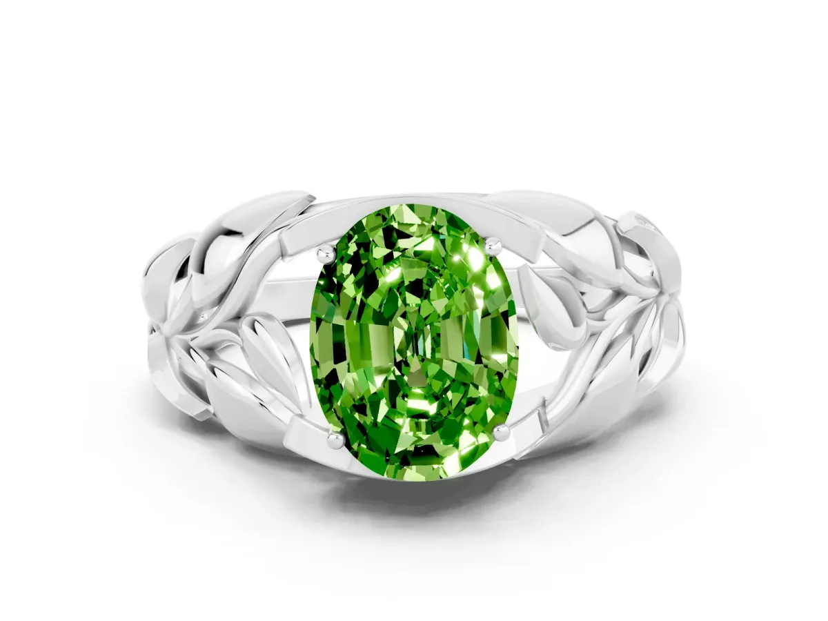 Oval Cut Peridot Leaf-Inspired Engagement Ring with Round Accents and Prong Setting Platinum