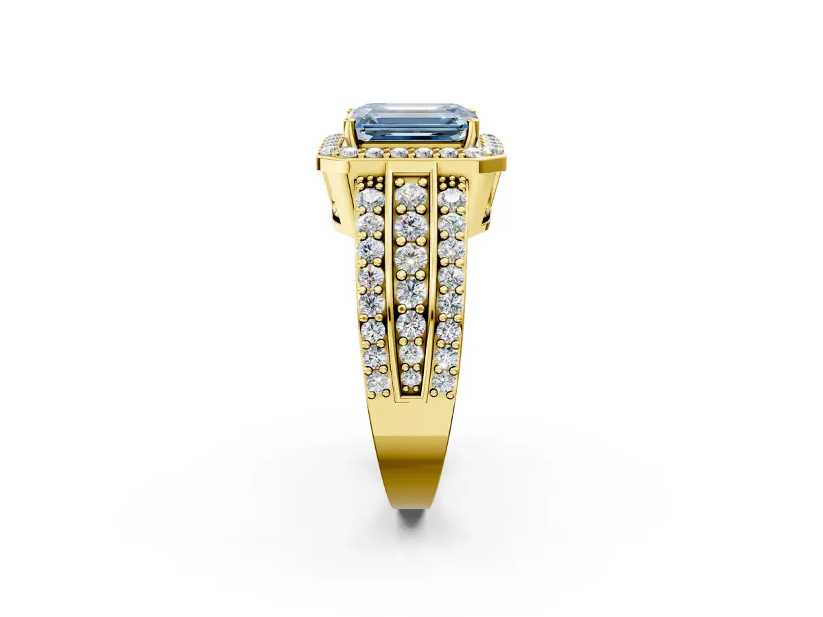 Fancy Blue Emerald Cut Halo Diamond Ring with Round Split Shank and Prong Setting Yellow gold