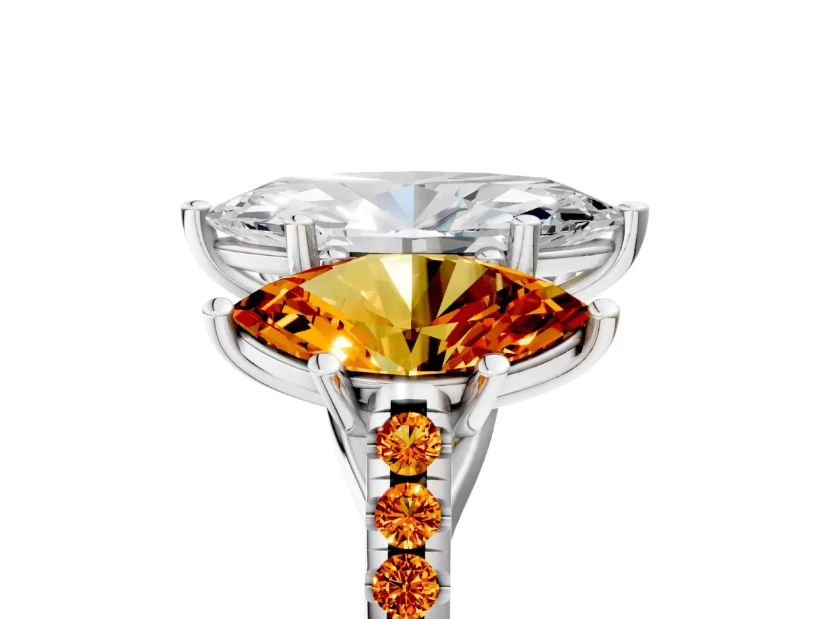 Three-Stone Marquise Cut Diamond Ring with Round Citrine Pavé Band and Prong Setting Silver