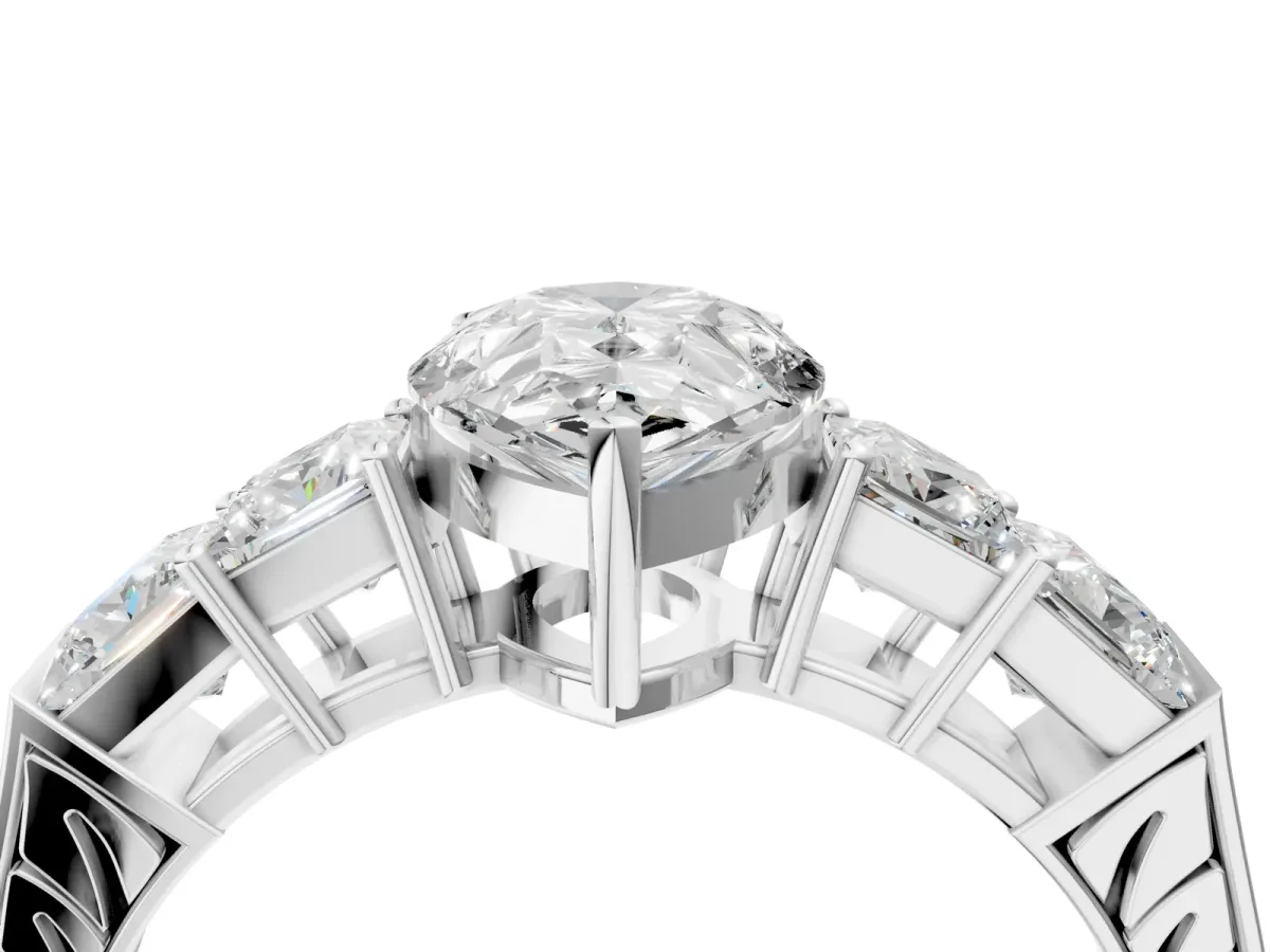 Pear Cut Solitaire Princess Side Stone Engraved Band Prong Setting Ring Silver