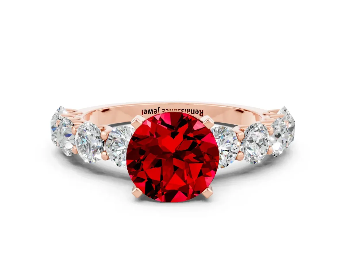 Round Cut Ruby Prong Setting with Side Stones on a Pave Band Rose gold