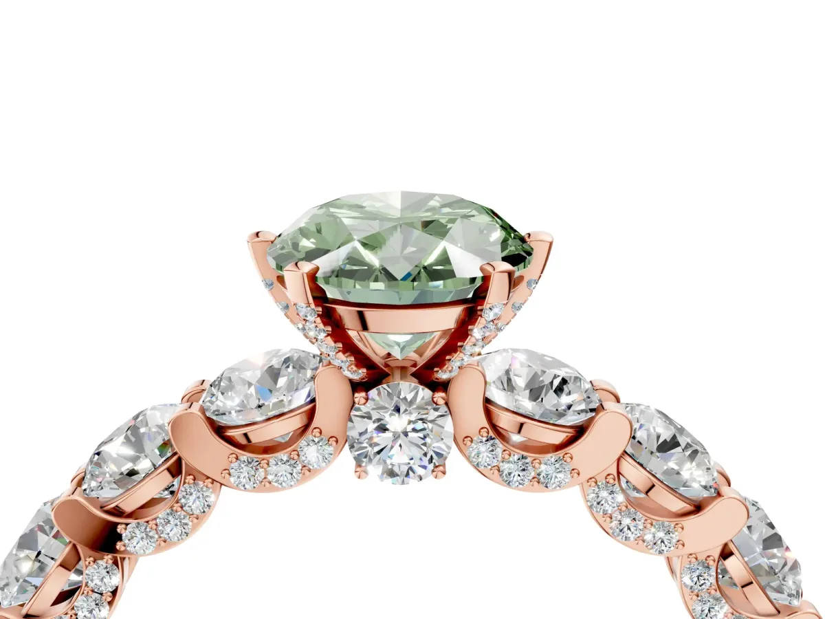 Fancy Green Oval Cut Diamond Side Stone Engagement Ring with Four-Prong Setting Rose gold