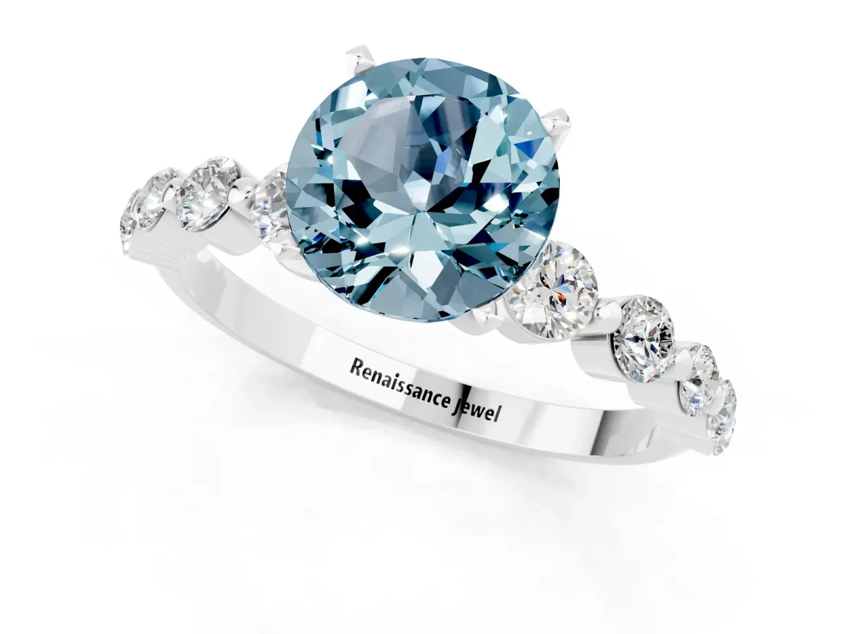 Round Cut Solitaire Aquamarine Ring with Pave Band and Four-Prong Setting Silver