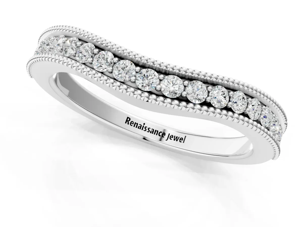 Pavé Round Diamond Contour Band with Milgrain Edge Platinum