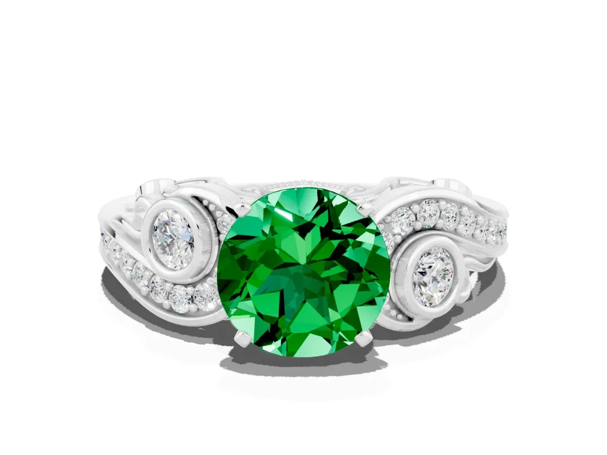 Round Cut Emerald Solitaire Ring with Milgrain Pavé Band and Four-Prong Setting Silver