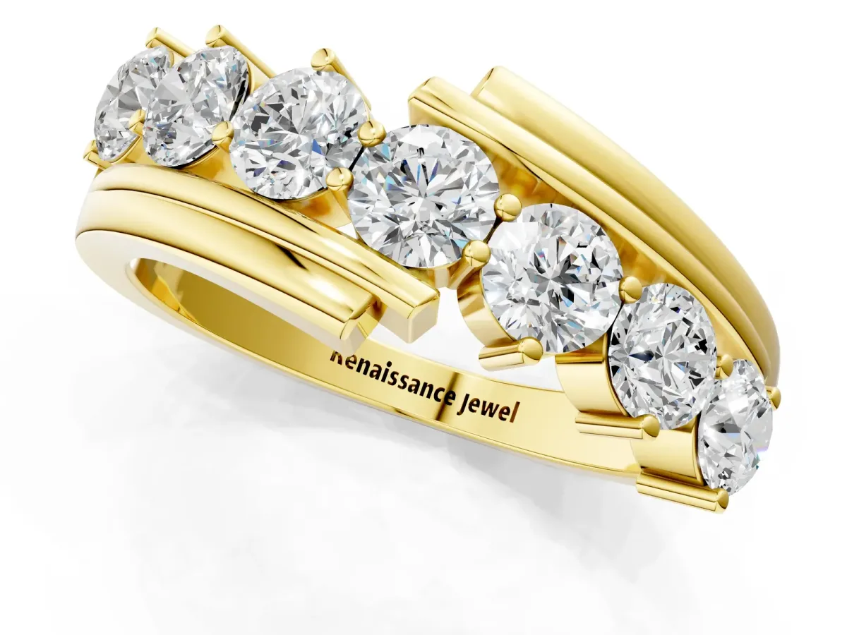 Round Diamond Wave Band with Channel and Shared Prong Setting Yellow gold